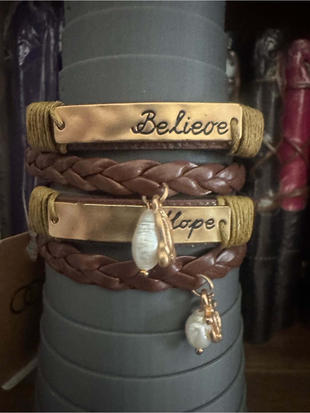 Believe & Hope Brown Leather Wrap Bracelet with Gold Plates